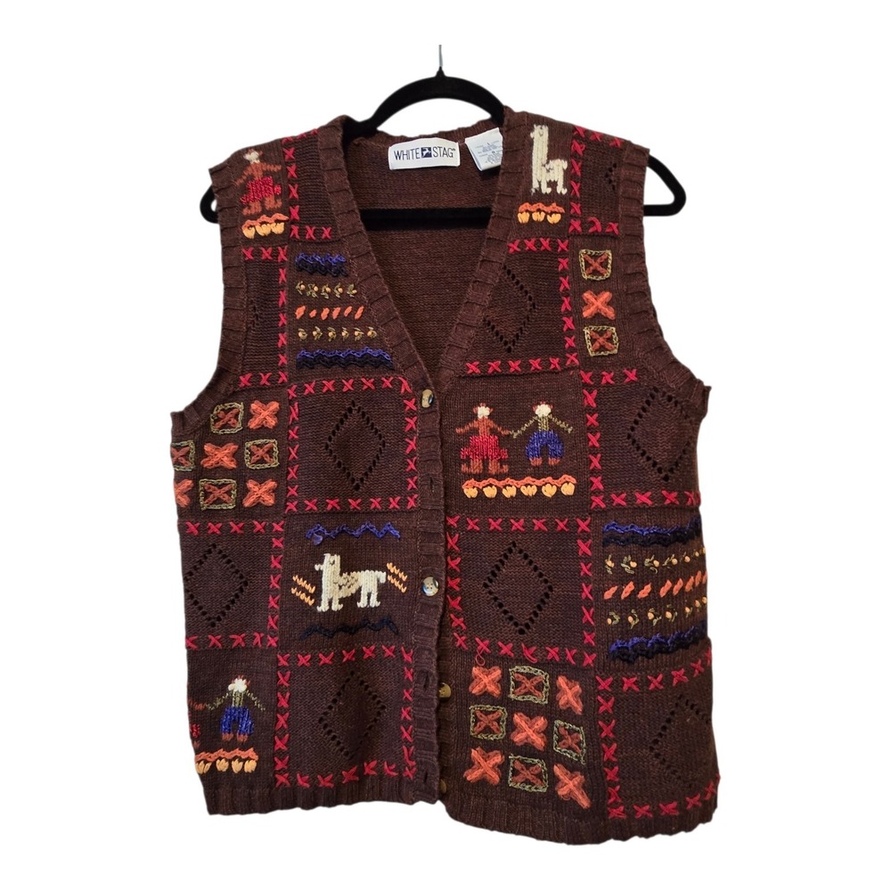 Vintage Y2K Embroidered‎ Sweater Vest Womens LG Brown Boho Cottage Patchwork